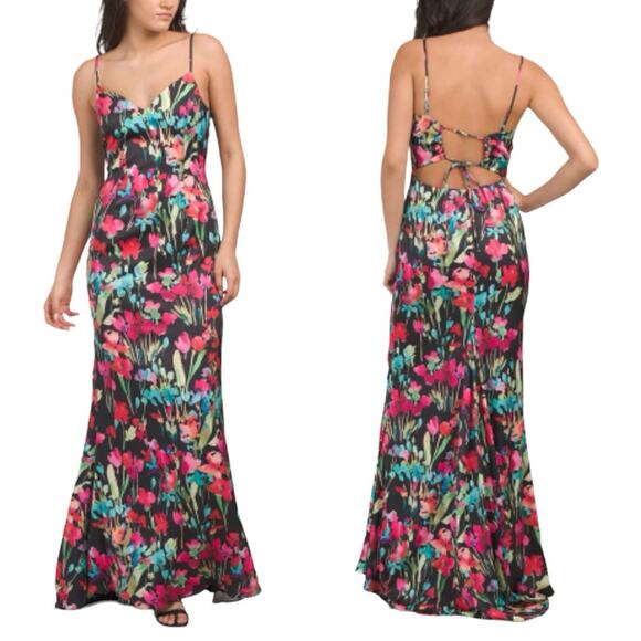 Liv Foster Dress Floral Printed Satin Long Maxi Open Lace Up Back Mermaid NEW - Picture 1 of 7